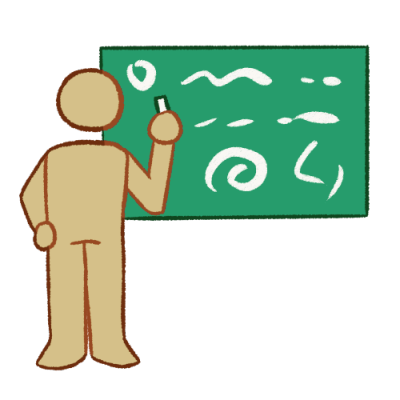 A digitally drawn image of a person holding chalk and standing next to a chalkboard. their skin is desaturated emoji yellow